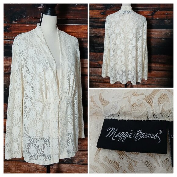 Maggie Barnes Top Size 0X Cardigan Topper White Lace Sheer Floral One Button - Picture 1 of 9